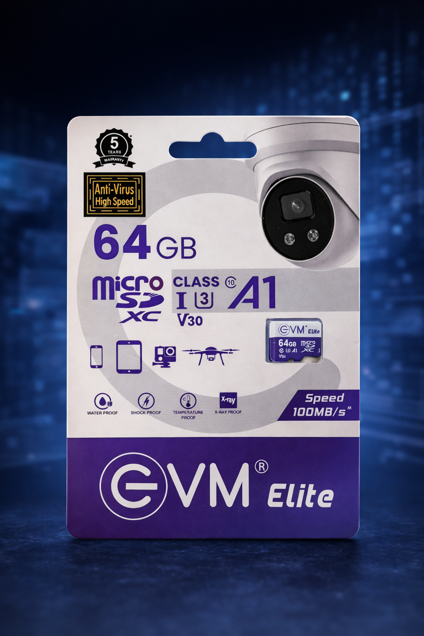 EVM Elite 64GB MicroSDXC Memory Card for CCTV & Security Cameras | Class 10 U3 V30 A1 | 100MB/s High-Speed | 24/7 Recording | 5-Year Warranty