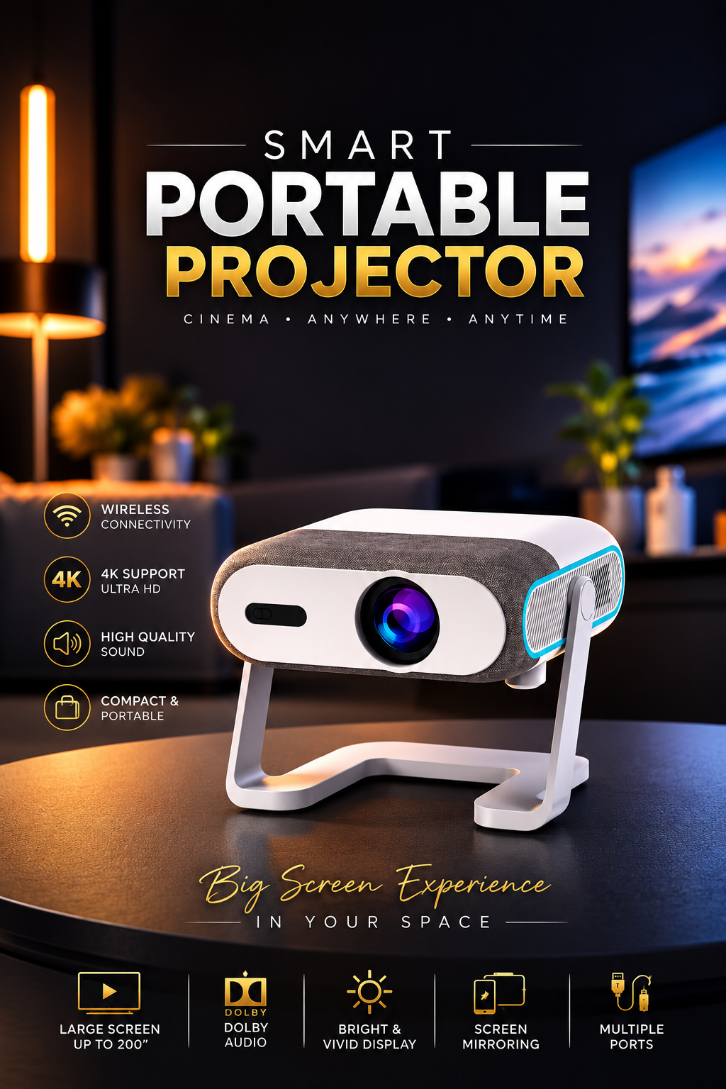 Xnano X3-2.0 Smart Portable Projector | 4K Decoding, Android OS, 2.4G + 5G Wi-Fi, Screen Mirroring & HDMI | Home Cinema & Gaming Projector