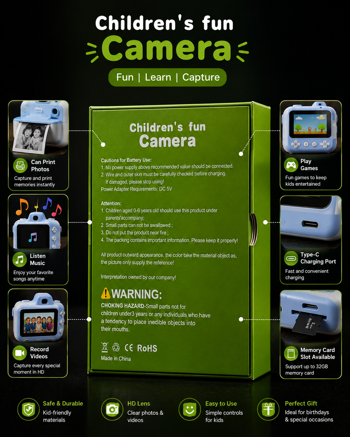 Kids Instant Print Camera for Boys & Girls | Photo, Video, Music & Games