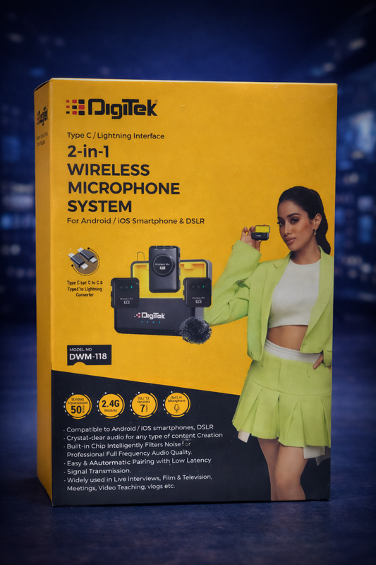 Digitek DWM-118 2-in-1 Wireless Microphone System | Type-C & Lightning | Dual Mic for Android, iOS & DSLR