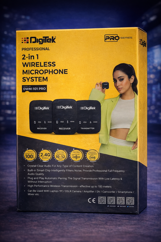 DigiTek DWM-101 PRO 2-in-1 Wireless Microphone System | 2.4GHz | 100m Range | Pro Audio for DSLR, Smartphone & PC | 1 Year Warranty