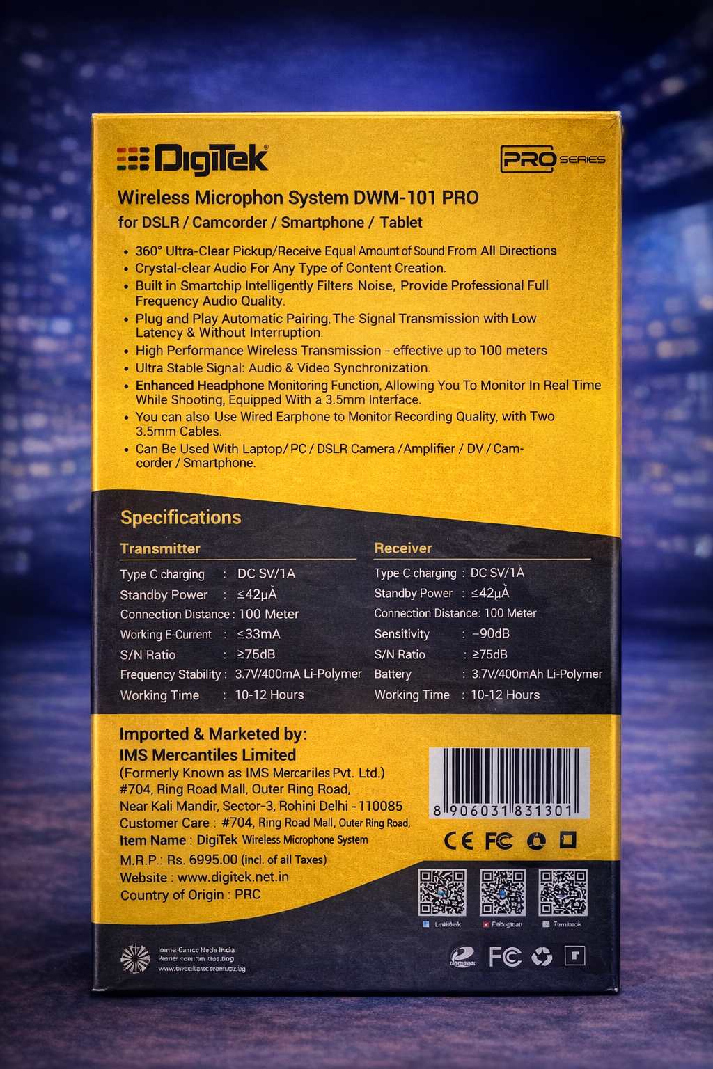 DigiTek DWM-101 PRO 2-in-1 Wireless Microphone System | 2.4GHz | 100m Range | Pro Audio for DSLR, Smartphone & PC | 1 Year Warranty
