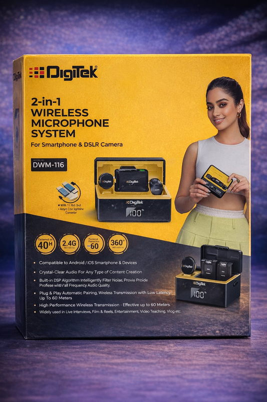 Digitek DWM-116 2-in-1 Wireless Microphone System for Smartphone & DSLR | Crystal Clear Audio | 1 Year Warranty