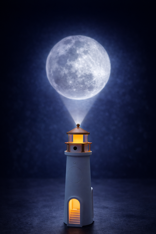 Moonlit Beacon Lighthouse Lamp with Moon Projection | Motion Sensor Night Light | USB Rechargeable Ambient Light for Bedroom & Home Decor