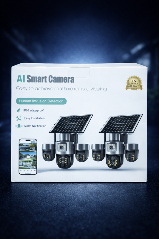 AI Dual Lens Solar Security Camera – 17MP 4 Camera Setup | 360° Outdoor WiFi CCTV System with 6 Months Warranty