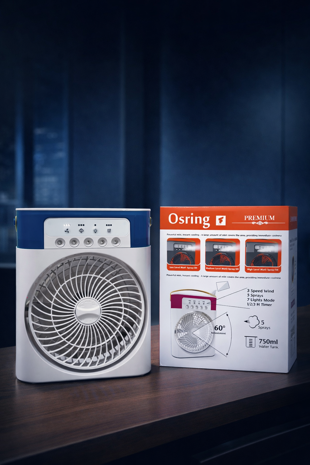 Osring 5111 Premium 5 Layered Mist Fan – 30W Desktop Portable Cooling Fan with 3 Speed Wind & 750ml Water Tank