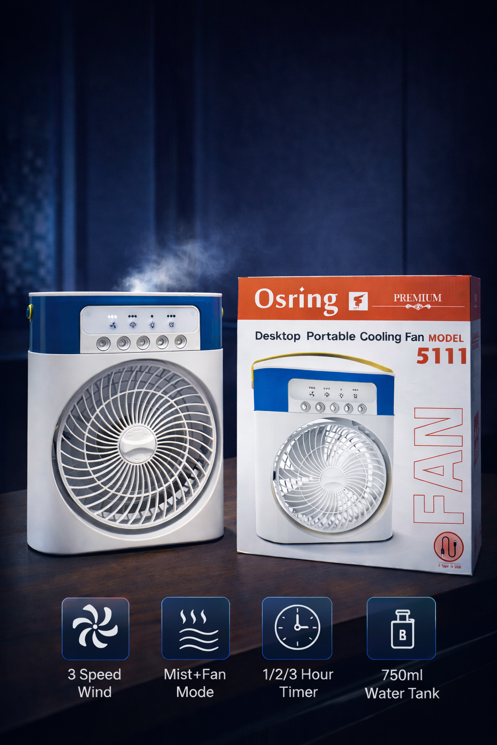 Osring 5111 Premium 5 Layered Mist Fan – 30W Desktop Portable Cooling Fan with 3 Speed Wind & 750ml Water Tank
