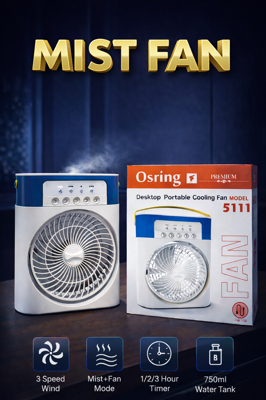 Osring 5111 Premium 5 Layered Mist Fan – 30W Desktop Portable Cooling Fan with 3 Speed Wind & 750ml Water Tank