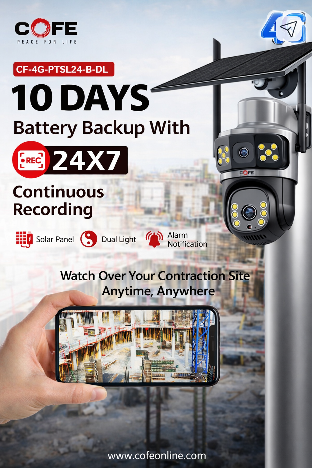 COFE Dual Lens Solar 4G Security Camera – 3MP + 3MP Linkage, 10X Zoom, 360° View (2-Year Warranty)