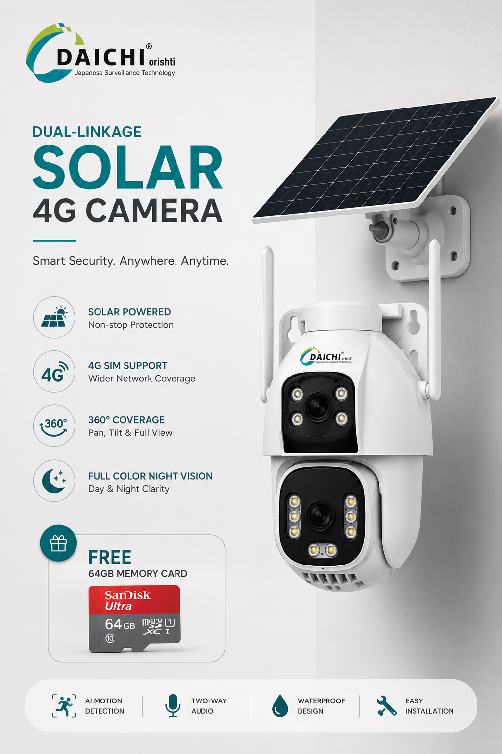 DAICHI Dual-Linkage Solar 4G PTZ Security Camera | AI Motion Tracking, HD Night Vision & Solar Powered Surveillance