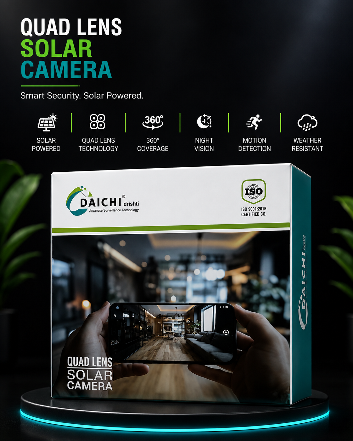 Daichi Quad Lens Solar Security Camera | 360° Smart AI Surveillance Camera with Night Vision & Two-Way Audio