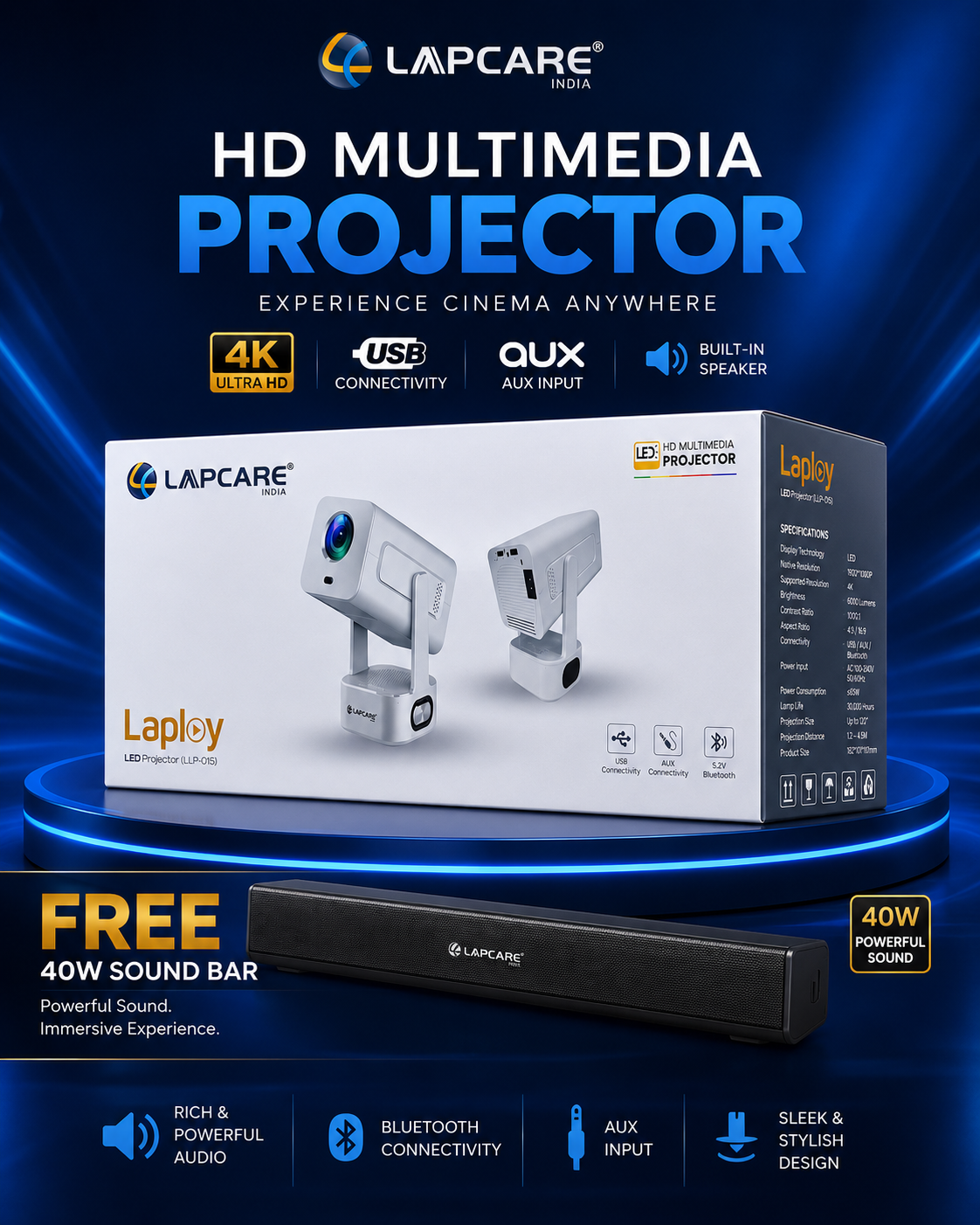 Lapcare Laploy 4K Multimedia Projector + FREE 40W Soundbar