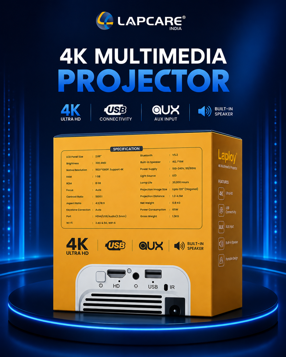 Lapcare Laploy 4K Multimedia Projector + FREE 40W Soundbar