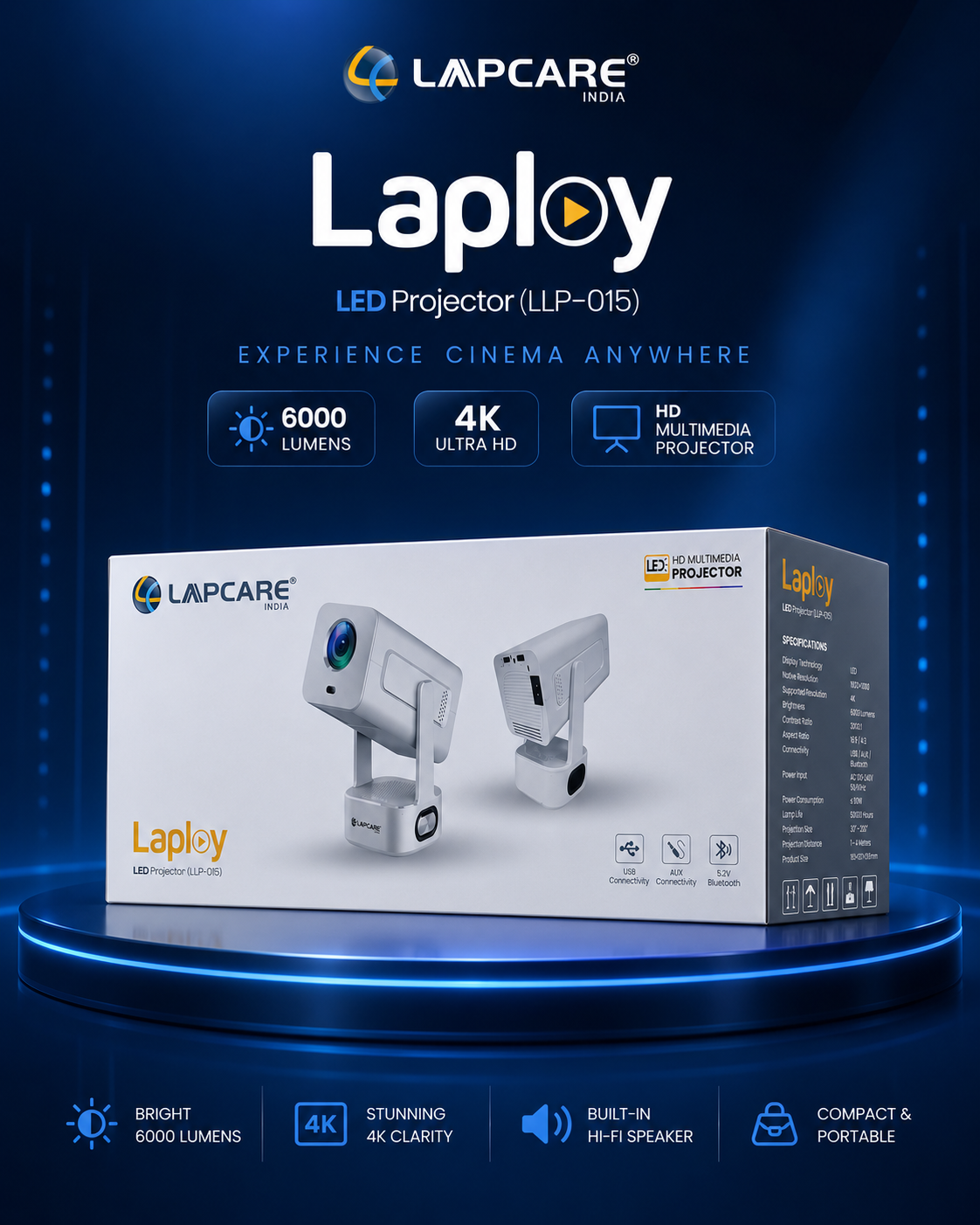Lapcare Laploy 4K Multimedia Projector + FREE 40W Soundbar