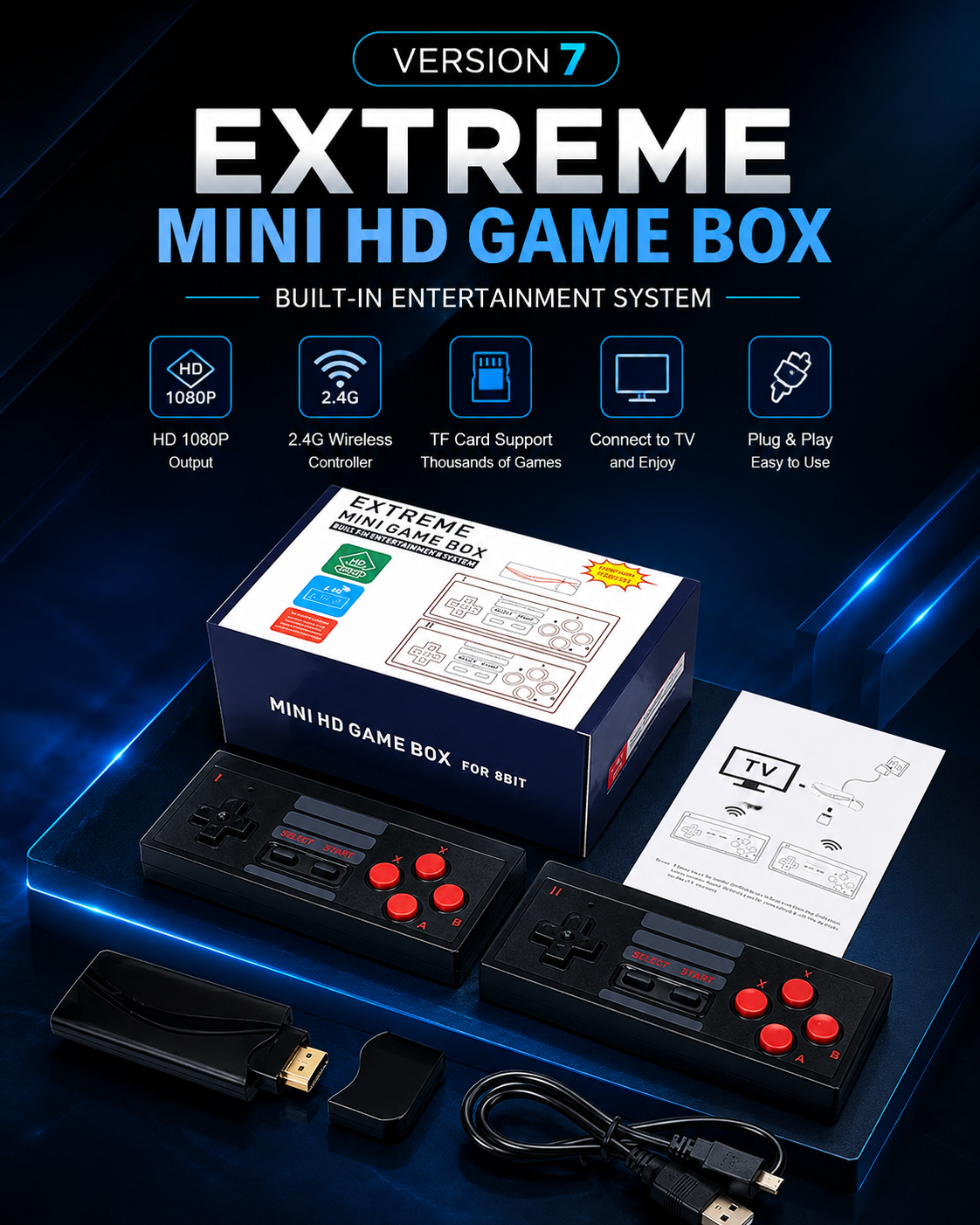 Version 7 Retro Mini HD Game Box – 4K Wireless TV Gaming Console with 2 Controllers | Plug & Play Classic Video Game Stick