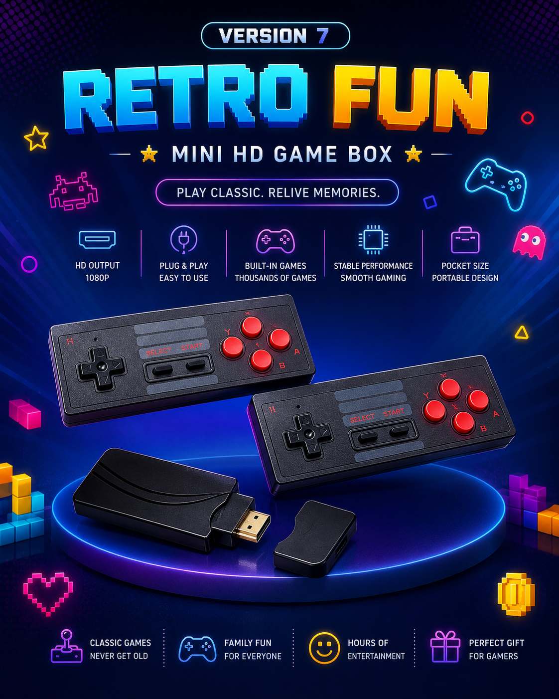 Version 7 Retro Mini HD Game Box – 4K Wireless TV Gaming Console with 2 Controllers | Plug & Play Classic Video Game Stick