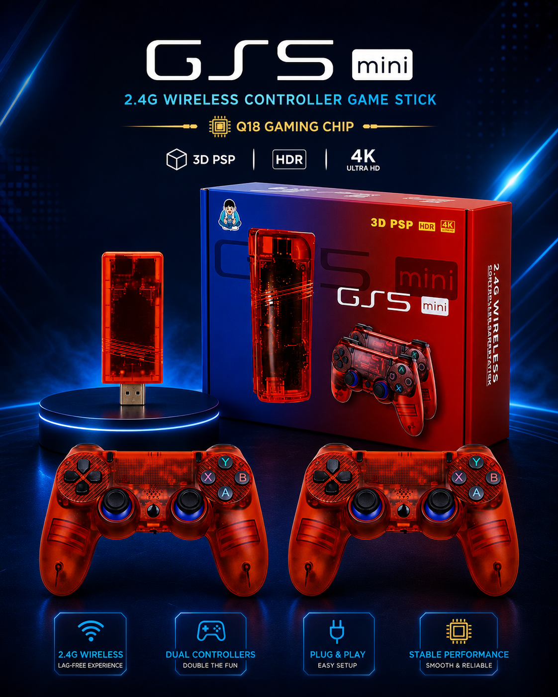 G5S Mini 4K Game Stick – 30000+ Retro Games Console | Q18 Gaming Chip | Wireless Controllers | 4K TV Gaming Console