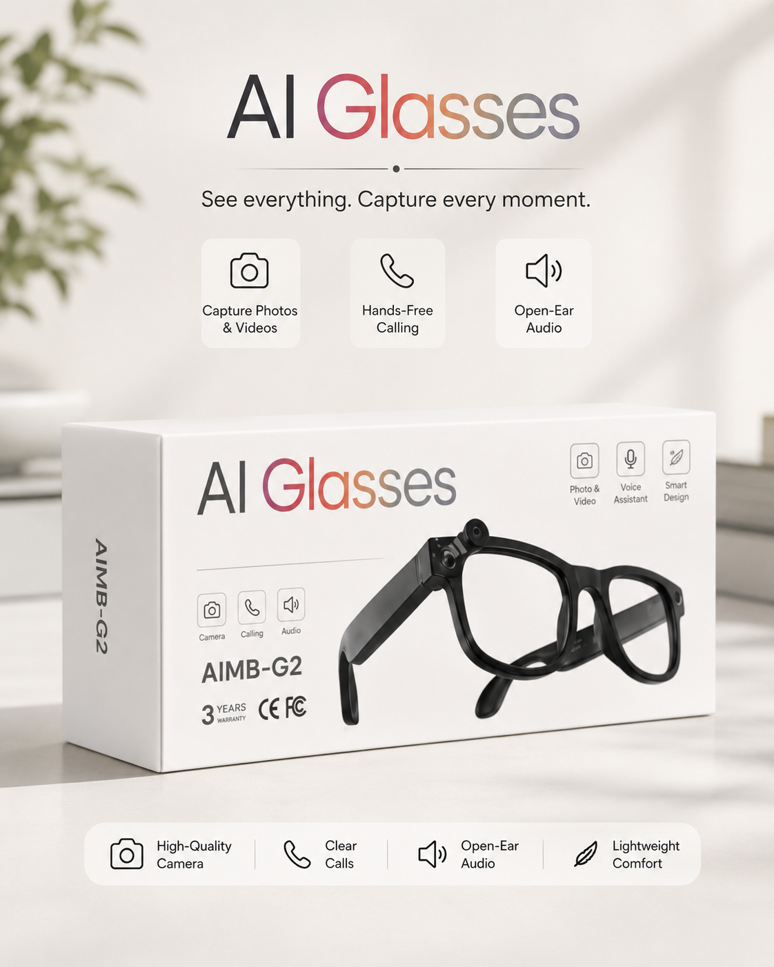 AI Smart Glasses AIMB-G2 – Capture Every Moment, Hands-Free | 8MP Camera & Open-Ear Audio