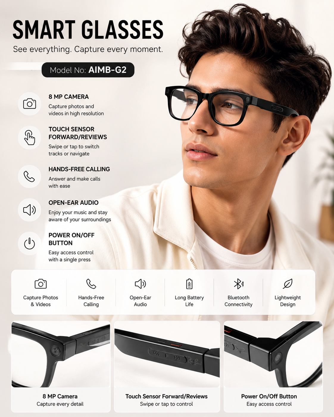 AI Smart Glasses AIMB-G2 – Capture Every Moment, Hands-Free | 8MP Camera & Open-Ear Audio