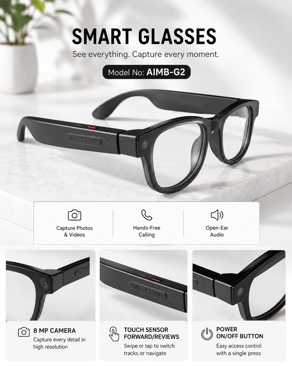 AI Smart Glasses AIMB-G2 – Capture Every Moment, Hands-Free | 8MP Camera & Open-Ear Audio
