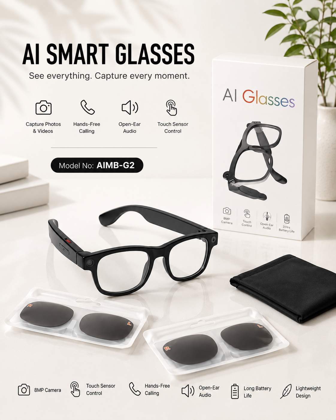 AI Smart Glasses AIMB-G2 – Capture Every Moment, Hands-Free | 8MP Camera & Open-Ear Audio