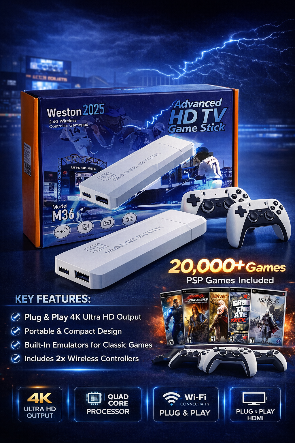 M36 4K HD Game Stick – 20,000+ Games with Wireless Controllers