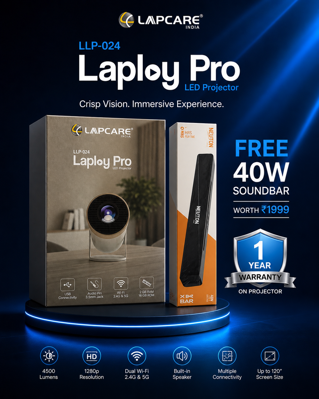 Lapcare Laploy Pro LLP-024 LED Projector (1280p Full HD, 4500 Lumens) with FREE 40W Soundbar + 1 Year Warranty | Smart WiFi Projector for Home & Office