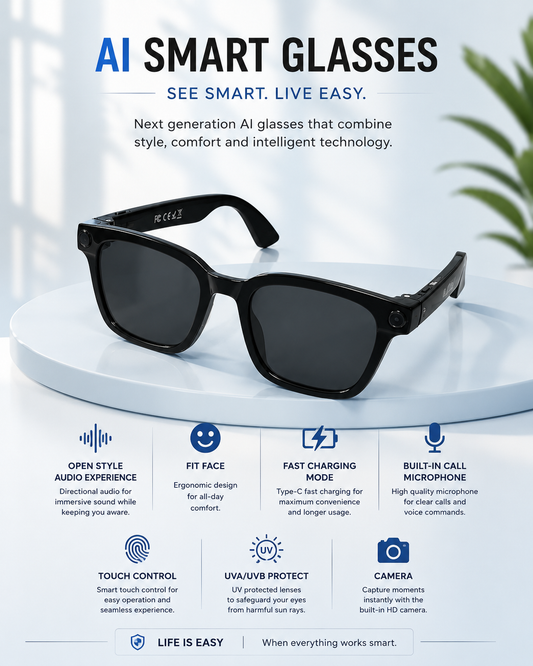 AI Smart Glasses with Camera & Bluetooth | Smart Audio Glasses for Calls, Music & Everyday Life