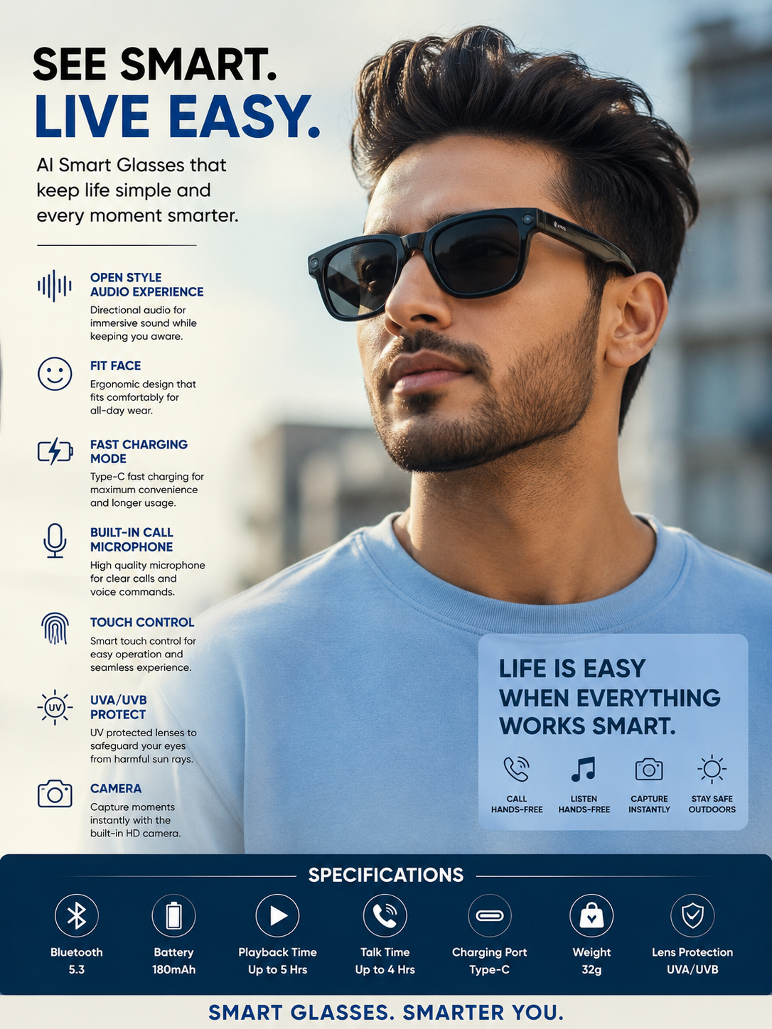 AI Smart Glasses with Camera & Bluetooth | Smart Audio Glasses for Calls, Music & Everyday Life