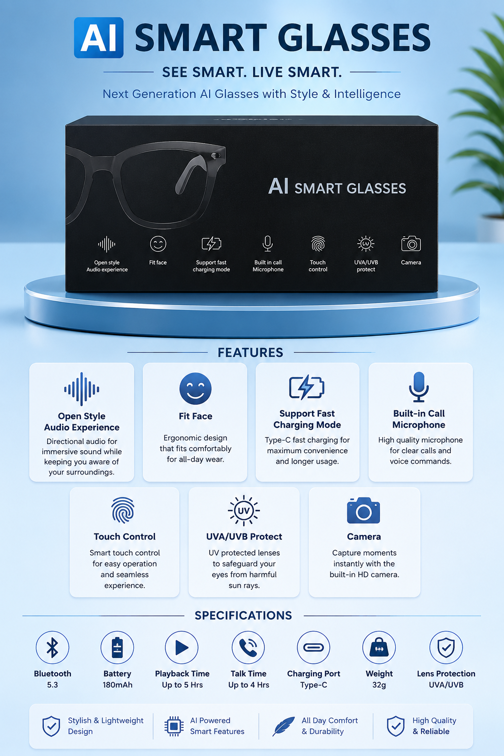 AI Smart Glasses with Camera & Bluetooth | Smart Audio Glasses for Calls, Music & Everyday Life